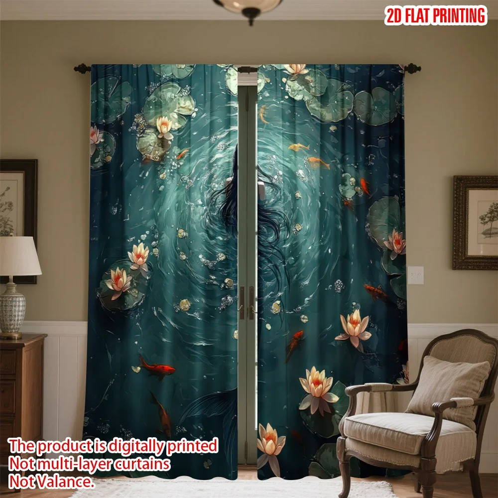 

2D flat printing 2pcs Curtain Mermaid in Lily Pond Digital Printed Polyester Drapes Family Party Decoration Perfect for Photo