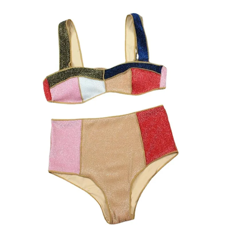 Strój kąpielowy Nowe bikini z wysokim stanem, damskie, złote, jedwabne, kolorowe stroje kąpielowe z nadrukiem