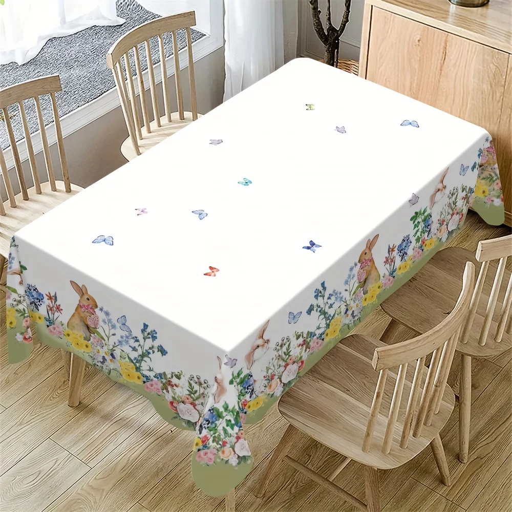Easter Bunny Floral Butterfly Waterproof Tablecloth Table Decor Spring Washable Kitchen Dining Tablecloth Easter Decorations