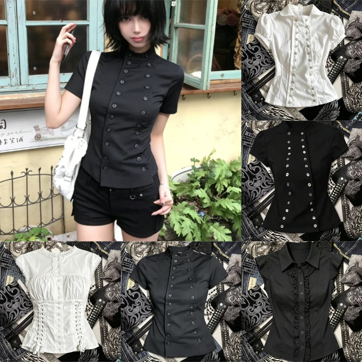 Sexy Fashion T-shirts New Summer American Retro Lace Button Bandage Blouse Women Casual Y2k Harajuku Design Crop Tops Hot Girls