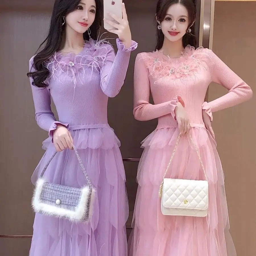 Elegant Embroidery Floral Knitted Maxi Dress Women Autumn Winter High End Brand Fashion Lady Slim Sweet Dress Party Robes C125