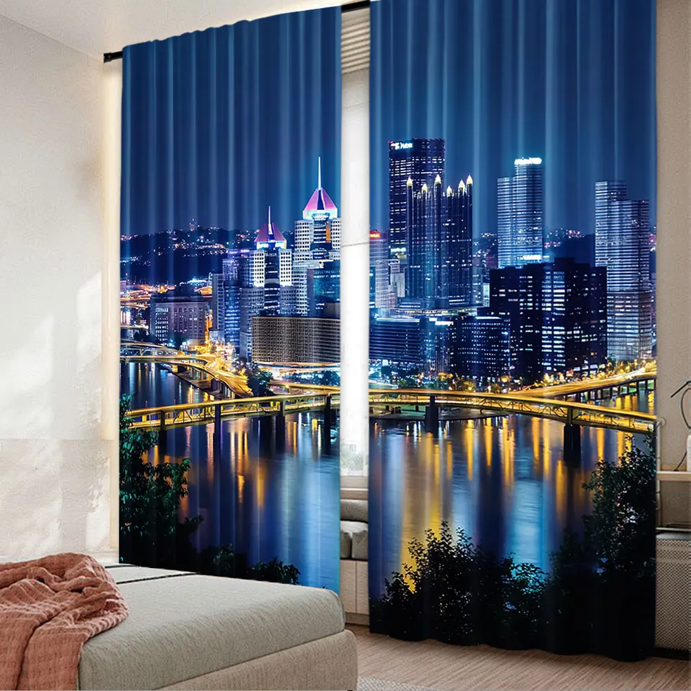 2Pcs Cityscape Curtains Skyscrapers Downtown Pittsburgh American Night Skyline Business Town Scenery Living Room Bedroom Window