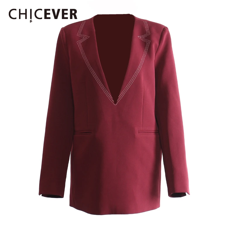 

CHICEVER Solid Minimalist Designer Coat for Women V Neck Long Sleeve Spliced Pockets Loose Fashion Style Blazer Female Clothes