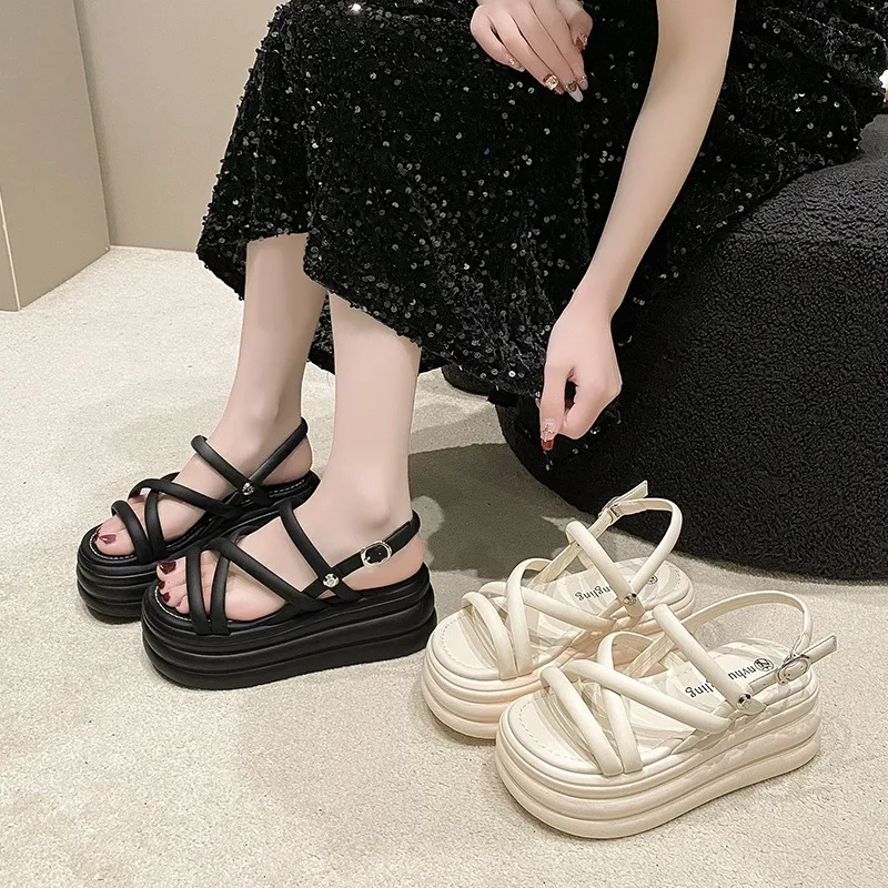 Chic and Elegant Woman Heeled Shoes 2024 Summer Luxury Designer Platform Sandals Girls Rome Casual Black Gladiator Wedge Fashion