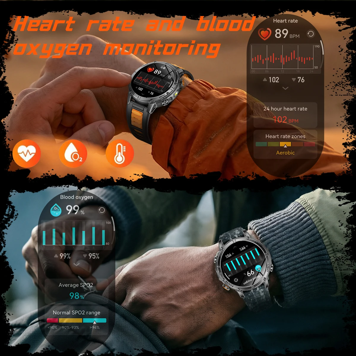 Military Smartwatch with IP68 Waterproof & Flashlight
