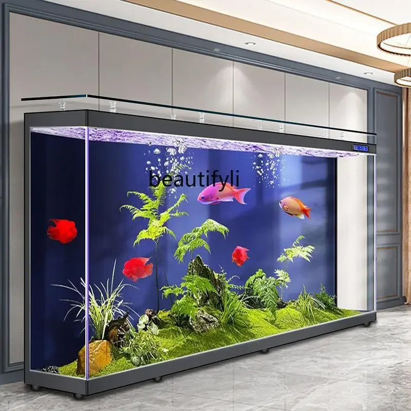 cqyThe new floor-to-ceiling super-large fish tank is integrated against the wall, lazy living room ecological glass rain tank