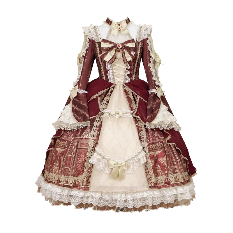 

Japanese Original Lolita Retro Court Style Long-sleeved Dress Turtleneck Horn Sleeve Cos Comics Lace Bow Sweet Cute Lo Skirt