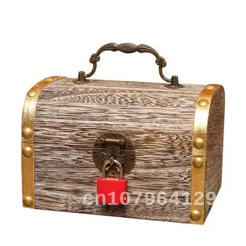 S/M/L/XL Wooden Piggy Bank Treasure Chest Savings For Coins Cash Safe Money Box Retro With Lock Crafts Home Decoration