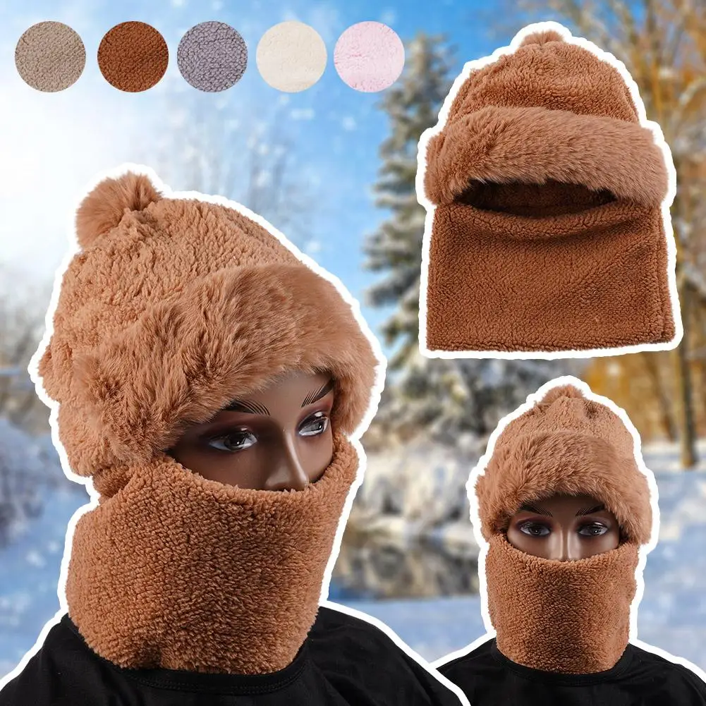 100% Acrylic 8408 Cross-border Winter Velvet Knitted Warm Ear Hat Hood Yarn Women's Mask Scarf Protection Integrated T8Y3