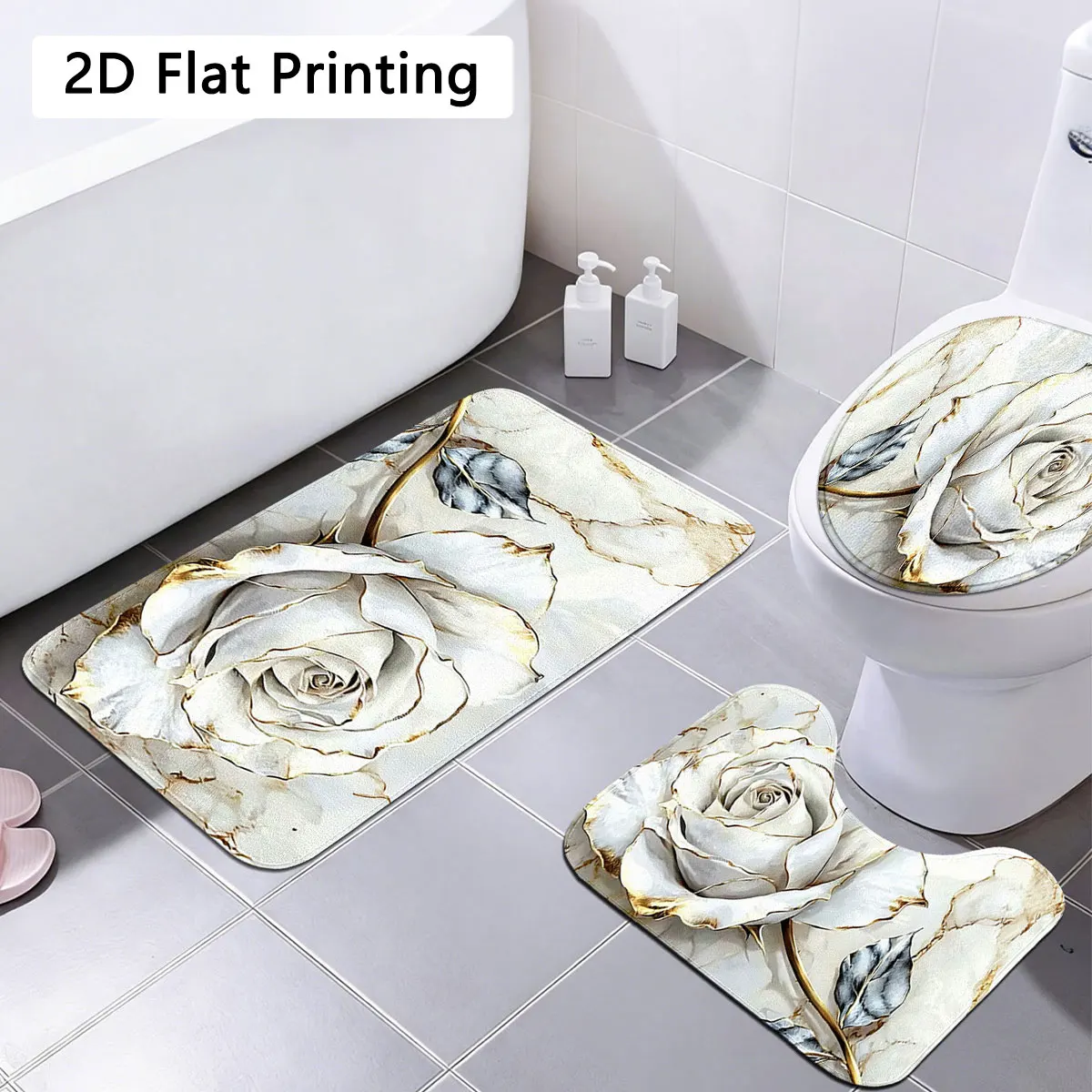 Elegant Marble White Bloom Indoor Bathroom Rug Set, Anti-Slip Neutral Glam Home Toilet Accessory