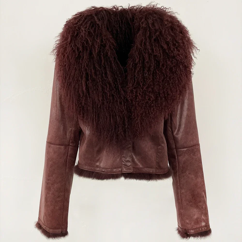 New 2025 Fashion Rabbit Fur Lining Suede Coat with Long Sleeve Women Real Mongolian Sheep Fur Coat Autumn Winter Fur Jacket