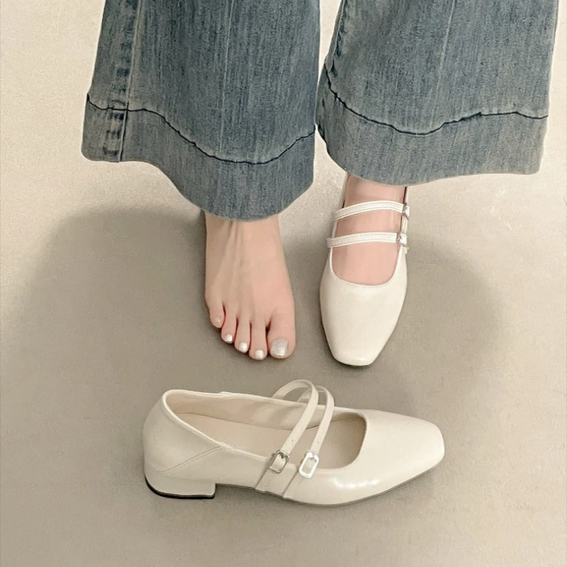 Square Toe Low Heel Women Silvery Mary Jane Shoes Fashion Elegant Belt Buckle Shoes Ladies Comfort Street Style Leather Shoes view 5