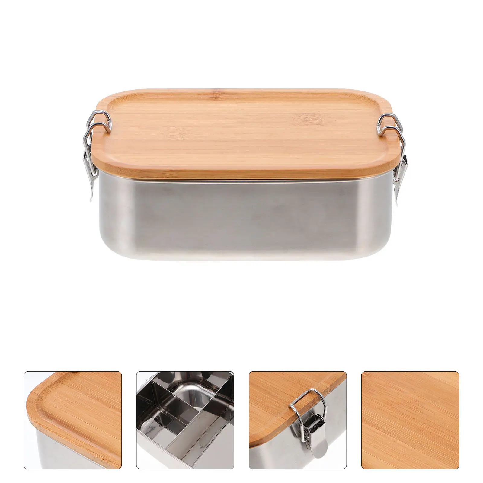 1Pcs Stainless Steel Bento Lunch Box Wood Lid Leakproof Large Capacity Food Container Portable Sealed Carrier for School Work view 3