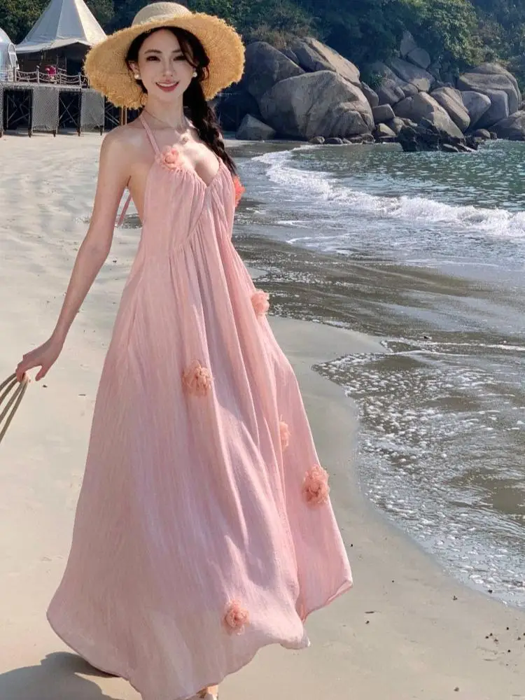 

Summer Sweet Pink V Neck Halter Lace-up High Waist Vacation Pleated Slip Long Dress Women Elegant Backless Party Dress 2025 Chic