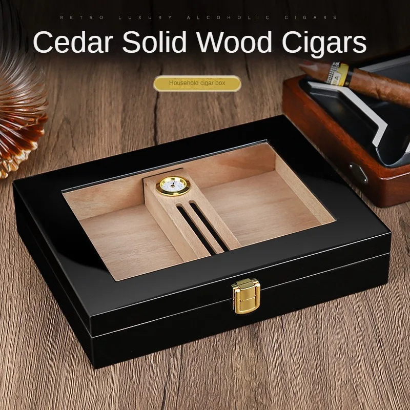 Portable cigar humidor with piano lacquer, glass skylight, sealed, 16