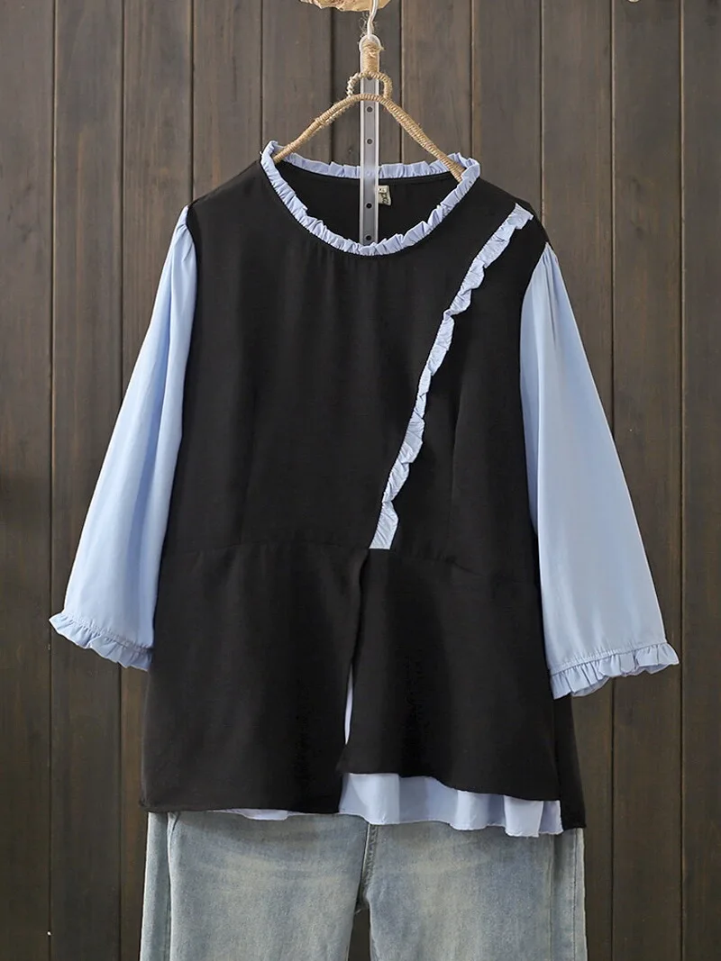 

Spring Summer plus Size Shirt Slimming Seven Sleeve Belly Covering Flounce Hem Trendy Korean Style Polyester Blend Casual Top