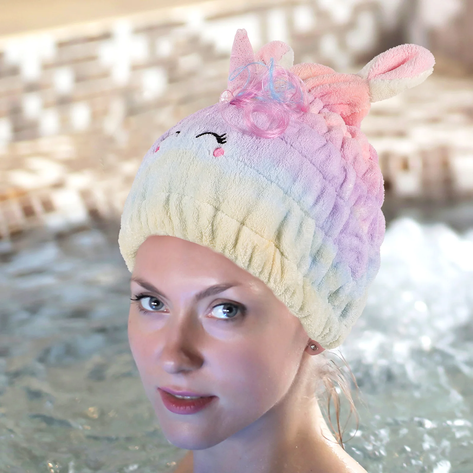 

Reusable Shower Caps Hair Drying Towel Large Turban Wrap for Women Child Soft Absorbent Quick Dry Hair Cap Cartoon Unicorn Style