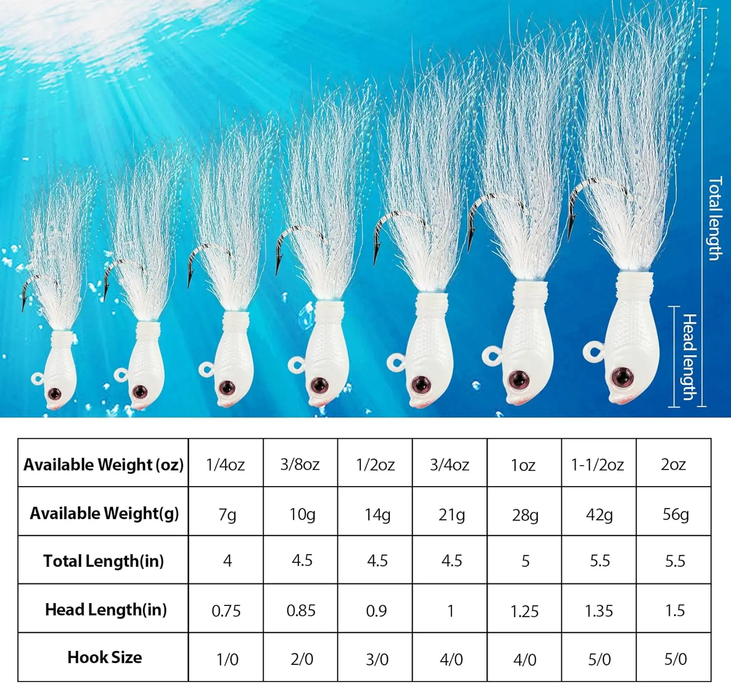 Eupheng Bucktail Jig Glow in Dark Bucktail Jigs Saltwater Jig 7g-42g Jig Head Hook 3D Eyes Bait Jigging Lure