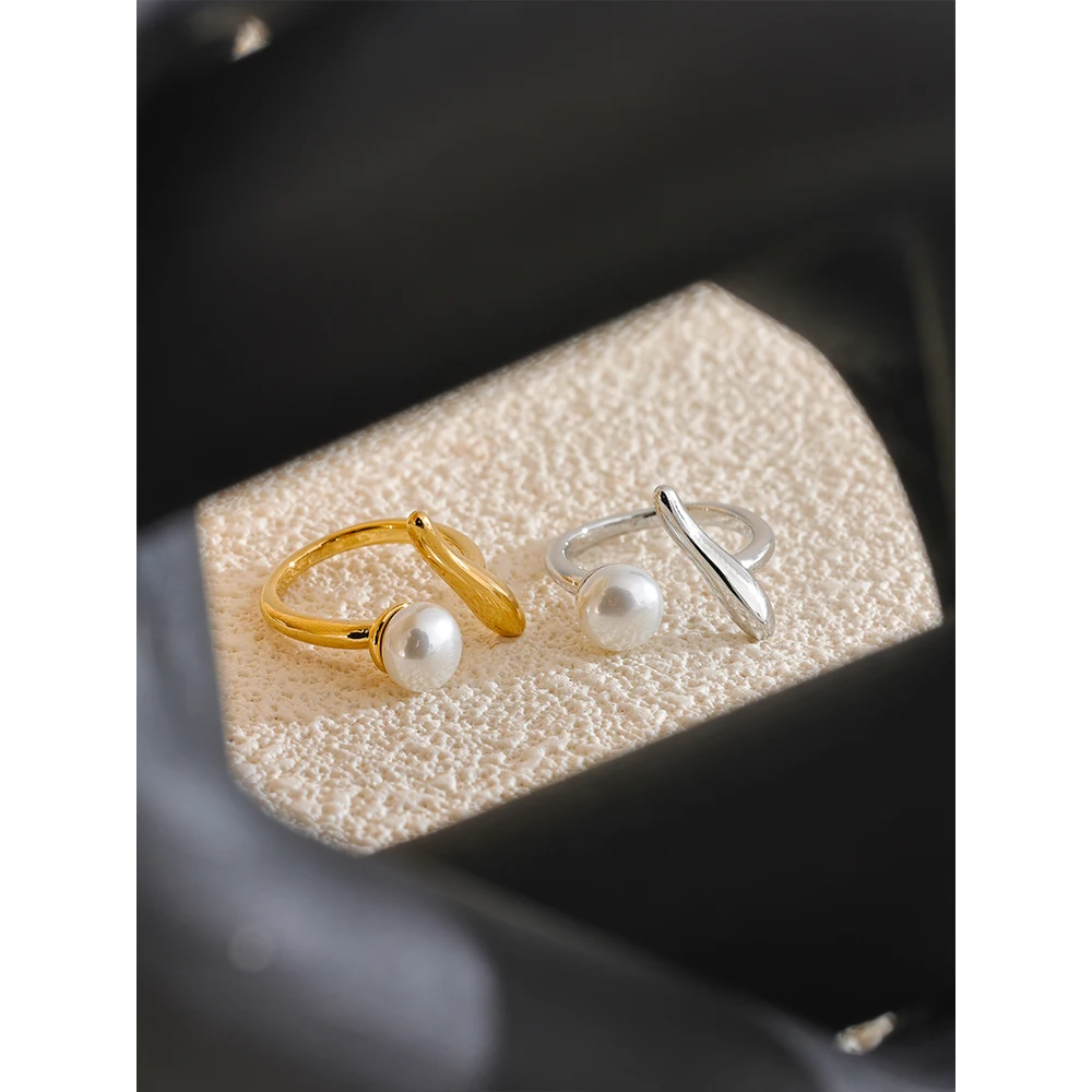 Yhpup Stylish Unique Design Imitation Pearls Geometric Chic Finger Ring 18K Gold & Platinum PVD Plated Daily Jewelry Wholesale