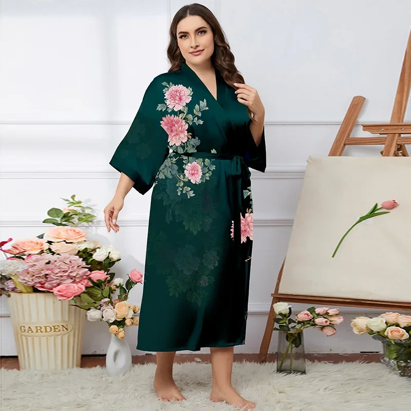 

Summer New Print Flower Kimono Robe Satin Casual Home Clothing Intimate Lingerie Women Green Long Nightgown Bathrobe Gown