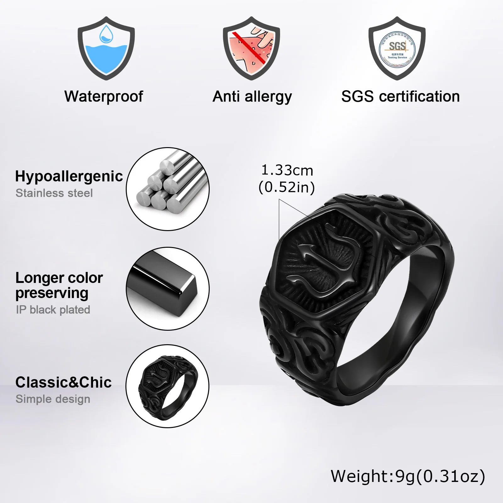 Trident Signet Ring for Men Boys,Black Stainless Steel Stamp Ring Thumb Ring,Rock Punk Jewelry