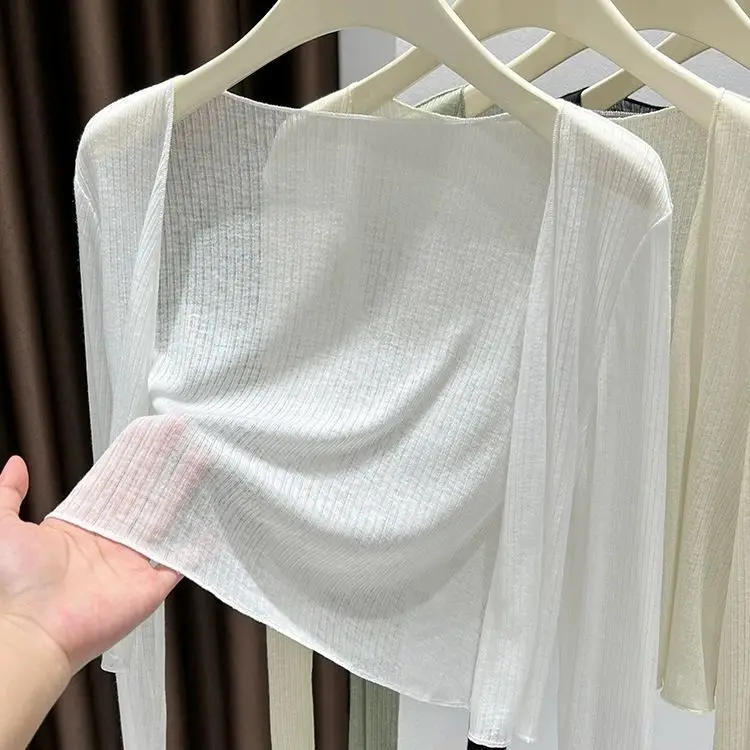 Ice Silk Sun Protection Cardigan Women's Shawl Summer Matching Strap Dress Outer Long Sleeve Small Cannon Knitted Shirt Thin ...