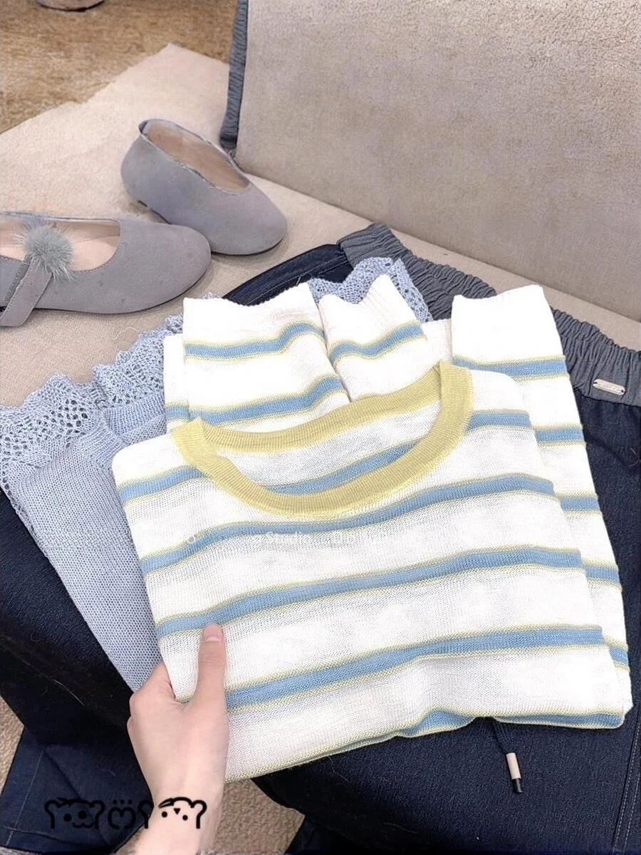 

Korean Style Loose Striped Knitwear Long Sleeve Base Layer Women's Summer Sun Protection Shirt T-Shirt round Neck Pullover