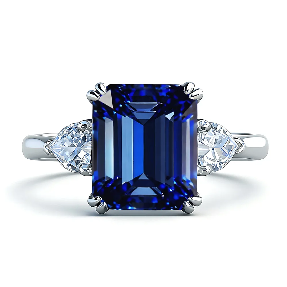

New S925 sterling silver inlaid with simulated sapphire ring for women's temperament light luxury high carbon diamond ring