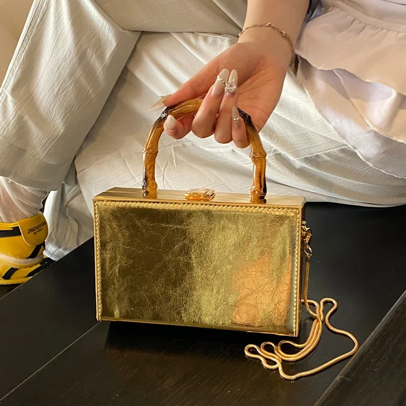 

Bamboo Handle Design Clutch Bag For Women Brand Mini Small Square Bag Gold Silver Pu Leather Handbag And Purse Crossbody Bag
