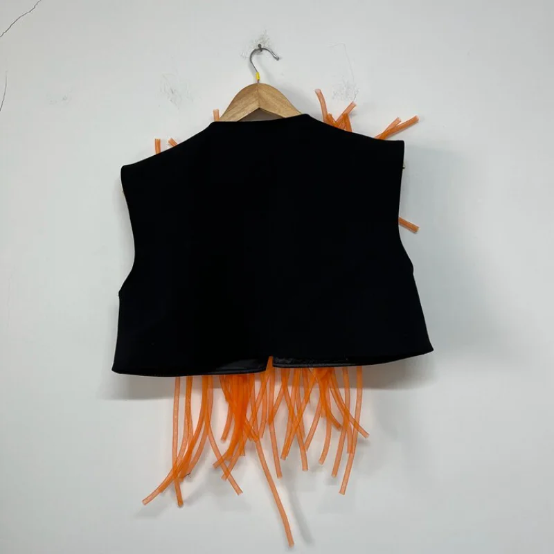 MWJLPWQ Black Sleeveless Vest Open Front Round Neck Transparent Long Plastic Fringe Decor Loose Men Street Layer Outer Top 16799