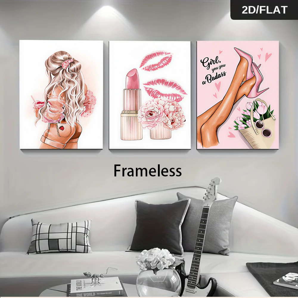 1 set of modern minimalist pink frameless paintings for a girl's love, featuring lipstick and high heels. (2D flat design)
