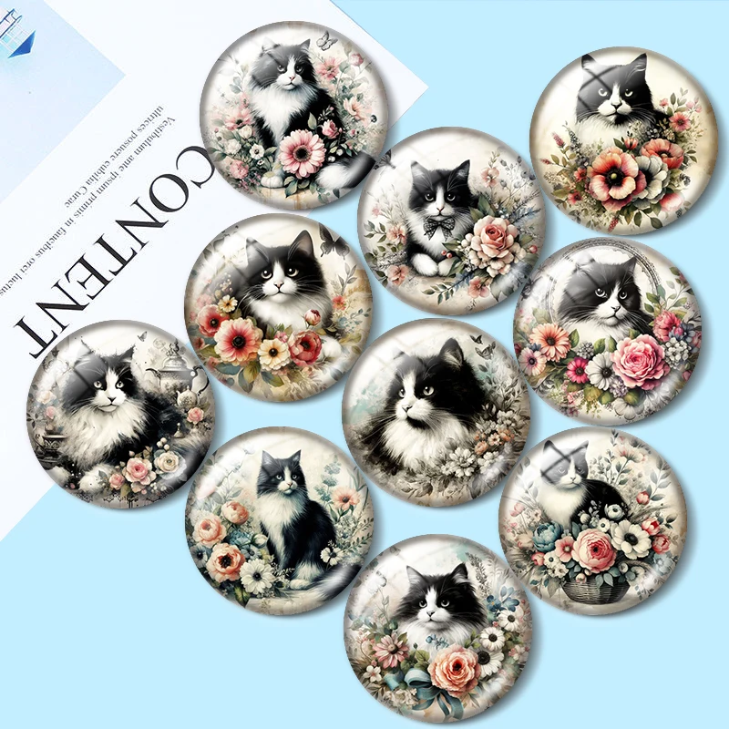 

Black and White Tuxedo Cat 10pcs 12mm/16mm/18mm/30mm Round Photo Glass Cabochon 25mm Demo Flat Back Making findings