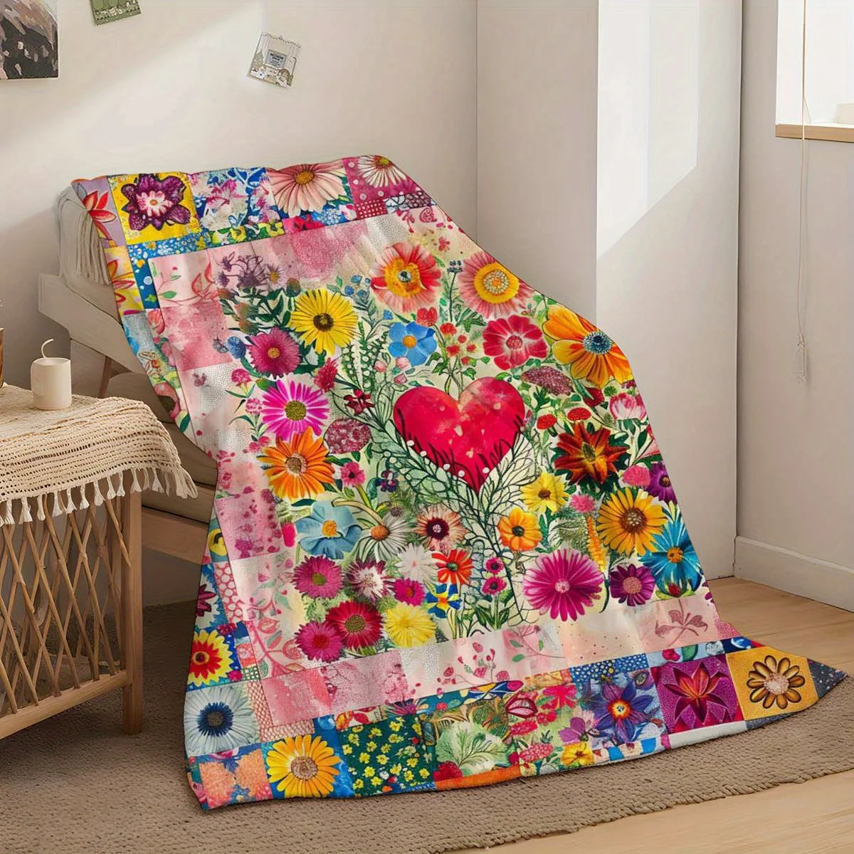 Cozy Heart-Shaped Floral Flannel Throw Blanket - Soft, Warm & Versatile for All Seasons, Machine Washable