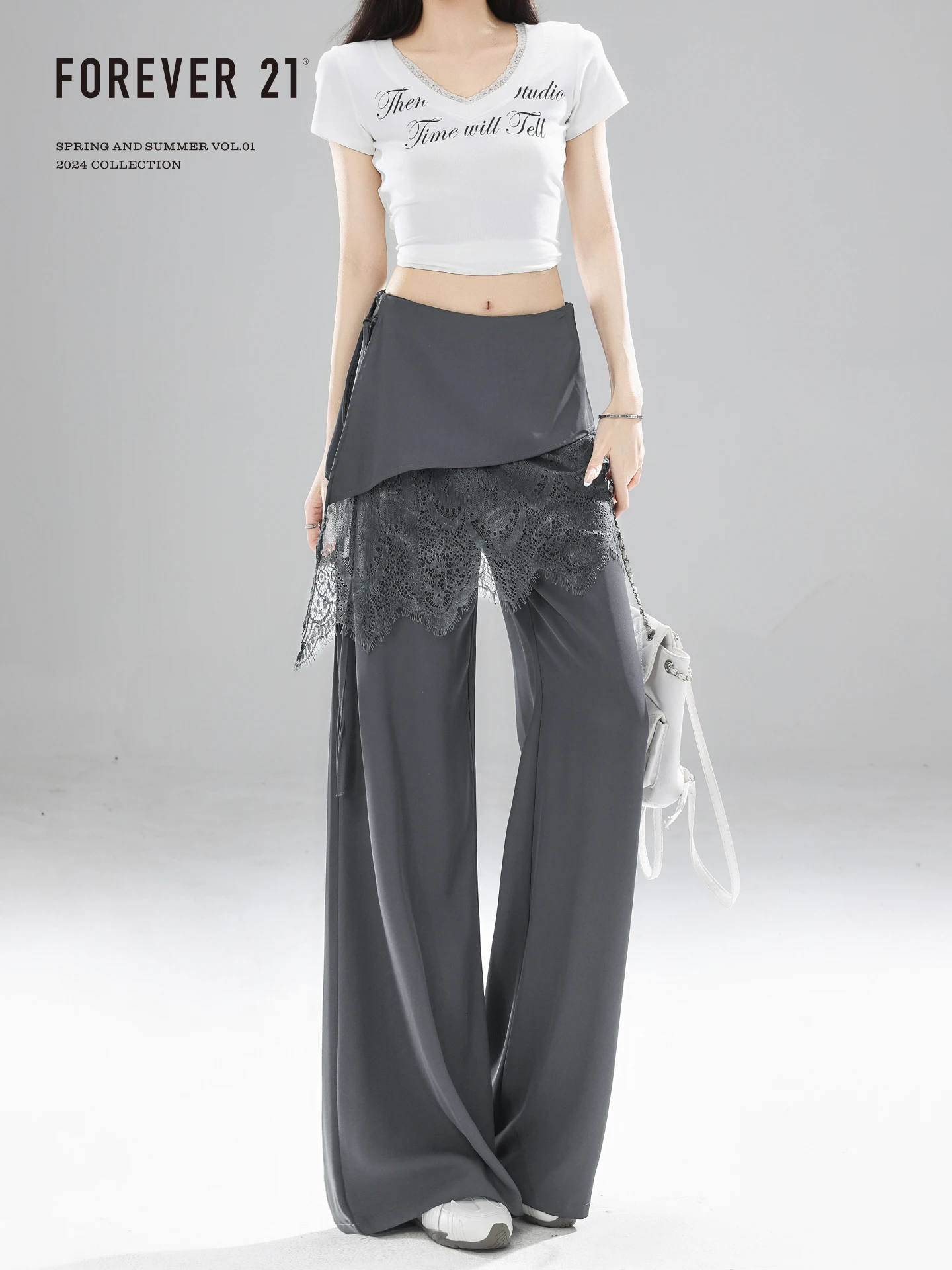 Gray Casual High Waist Wide Leg Pants Women's Fake Two-Piece Suit Curtain Long Pants Loose Fit Straight Cut Daily Wear
