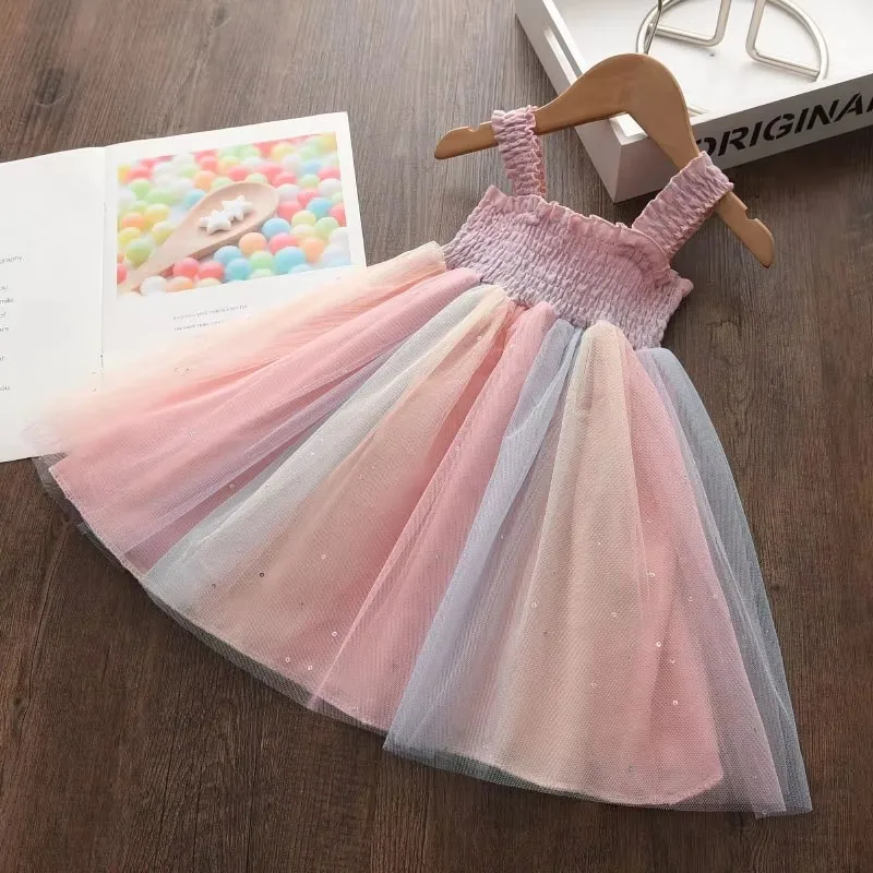 Bear Leader New Kids Dresses for Girls Sleeveless Dress Sequined Party Costume Mesh Summer Puffy Dress Rainbow Children Clothing