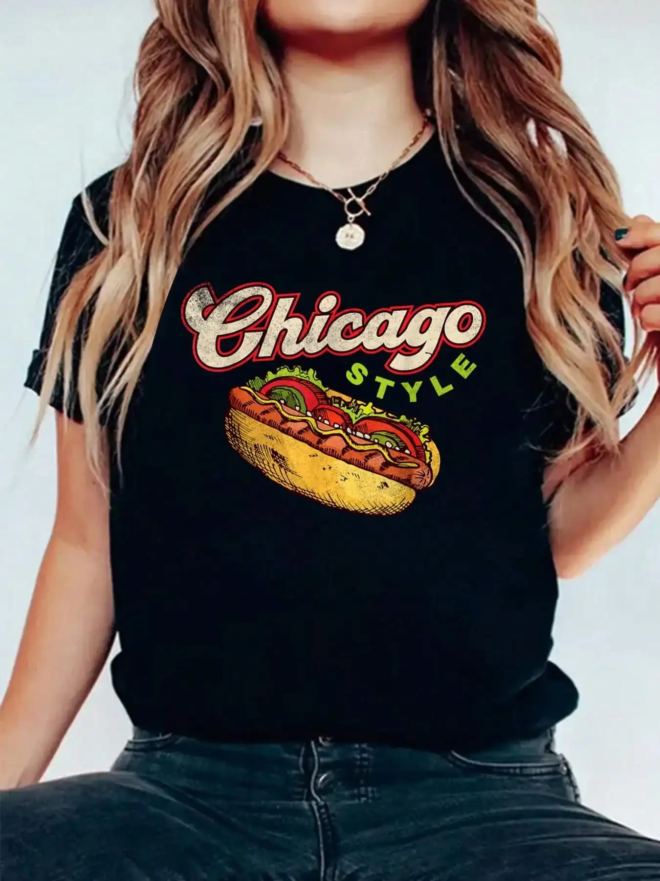 

Chicago Hot Dog HotDog Shirt Tourist Summer Souvenir Travel T-Shirt Print Cotton T-Shirt For Summer, Women's Soft Short Sleeve T
