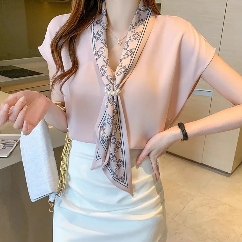 Summer Blusas Women 2024 Simple Office Lady Chiffon Blouse Female Shirt Lace-Up Tops Casual Korean OL Style Loose Pink Blouses