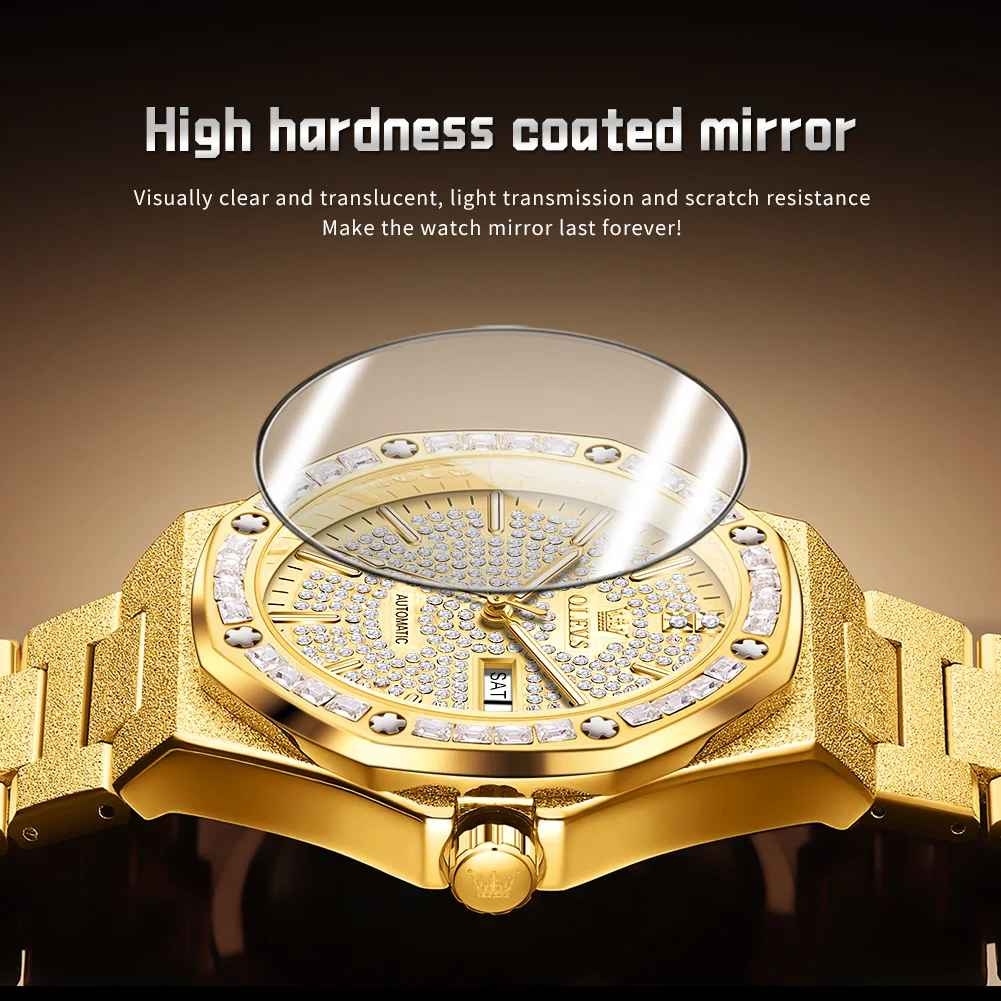 OLEVS 9803 Full Diamond Automatic Mechanical Watches for Men Stainless Steel Waterproof Calendar Week Luxury Business Wristwatch