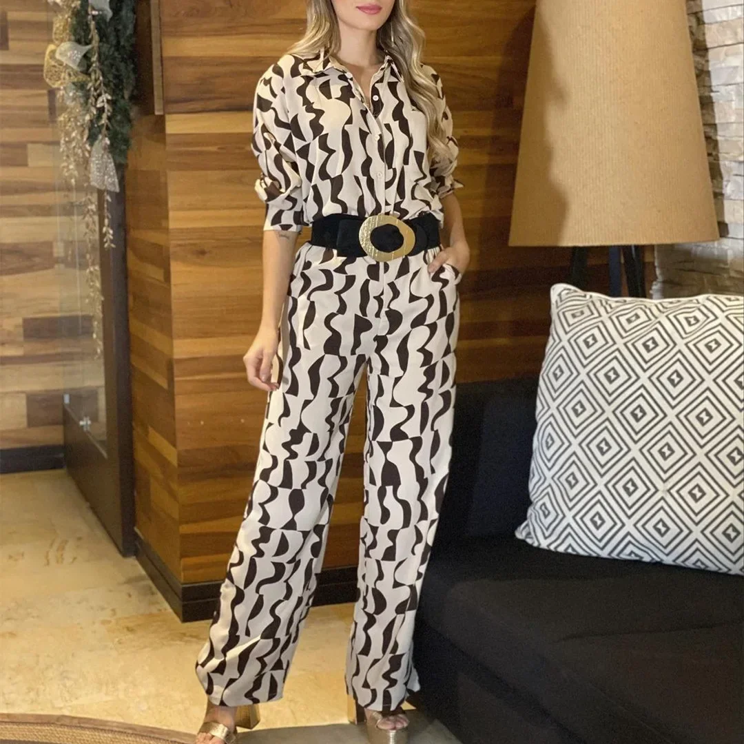 Pants Sets Women Summer Matching Sets Print Long Sleeve Shirt Wide Leg Pants Two Piece Set Wide Trousers Suit Pocket 2025