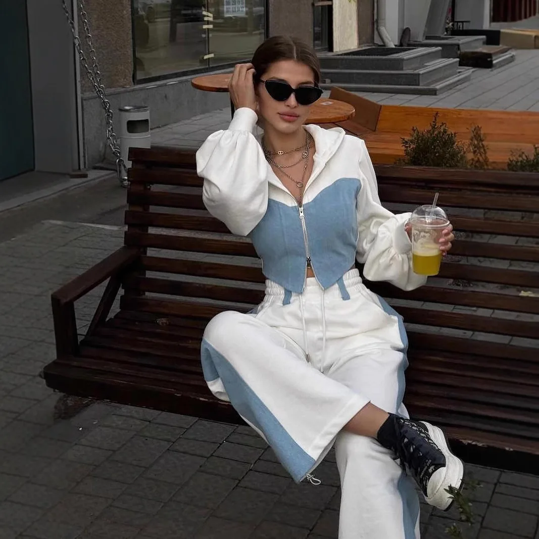 

Two Pieces Women Denim Pant Sets Spliced Matching Sets Zipper Hooded Long Sleeves Coat Drawstring Empire Waist Pants 2026 Autumn