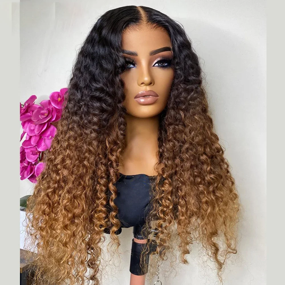 

Soft Ombre Brown Blonde Kinky Curly 180Density 26” Long Preplucked Deep Lace Front Wig For Black Women BabyHair Natural Hairline