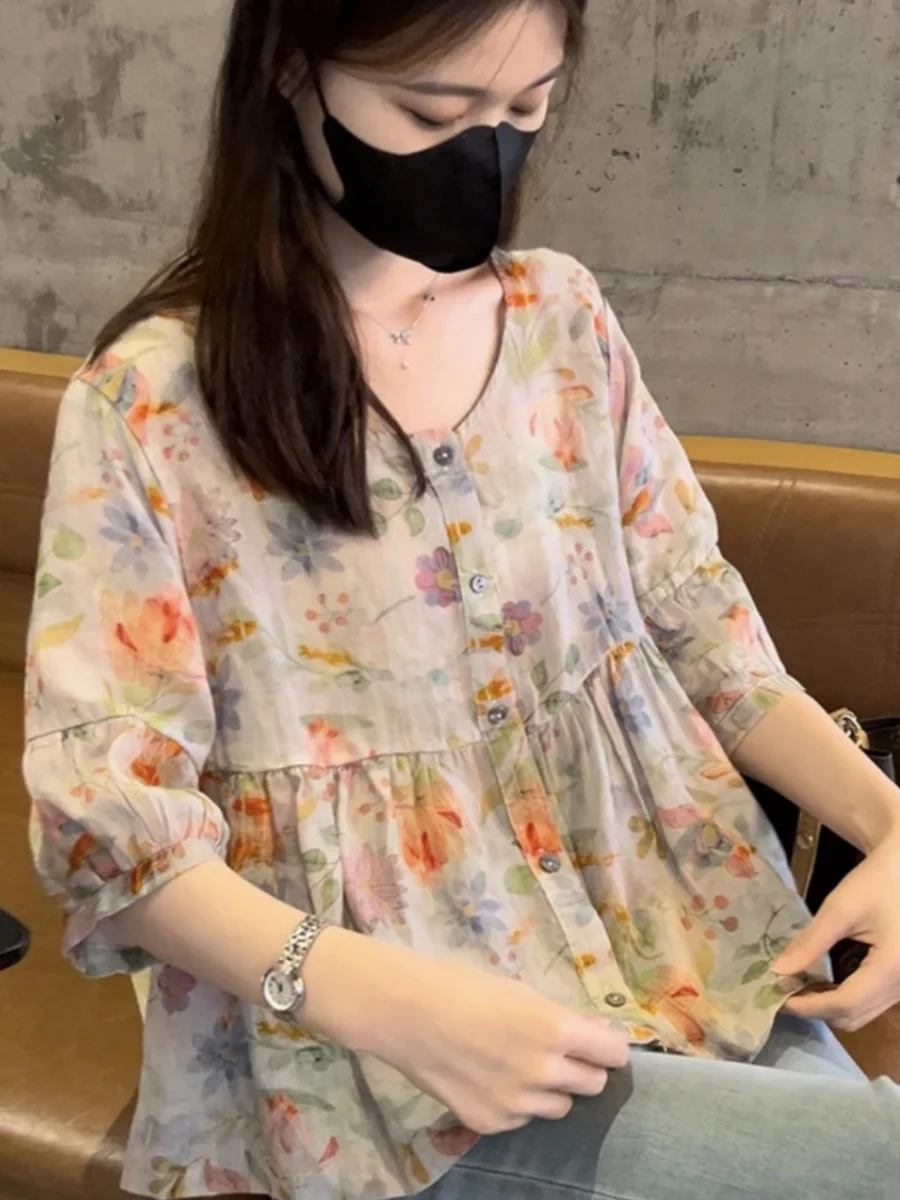 

Свободная женская футболка из хлопка и льна с цветочным принтом ort Sve, утягивающий топ больших размеров, летняя защита от солнца irt