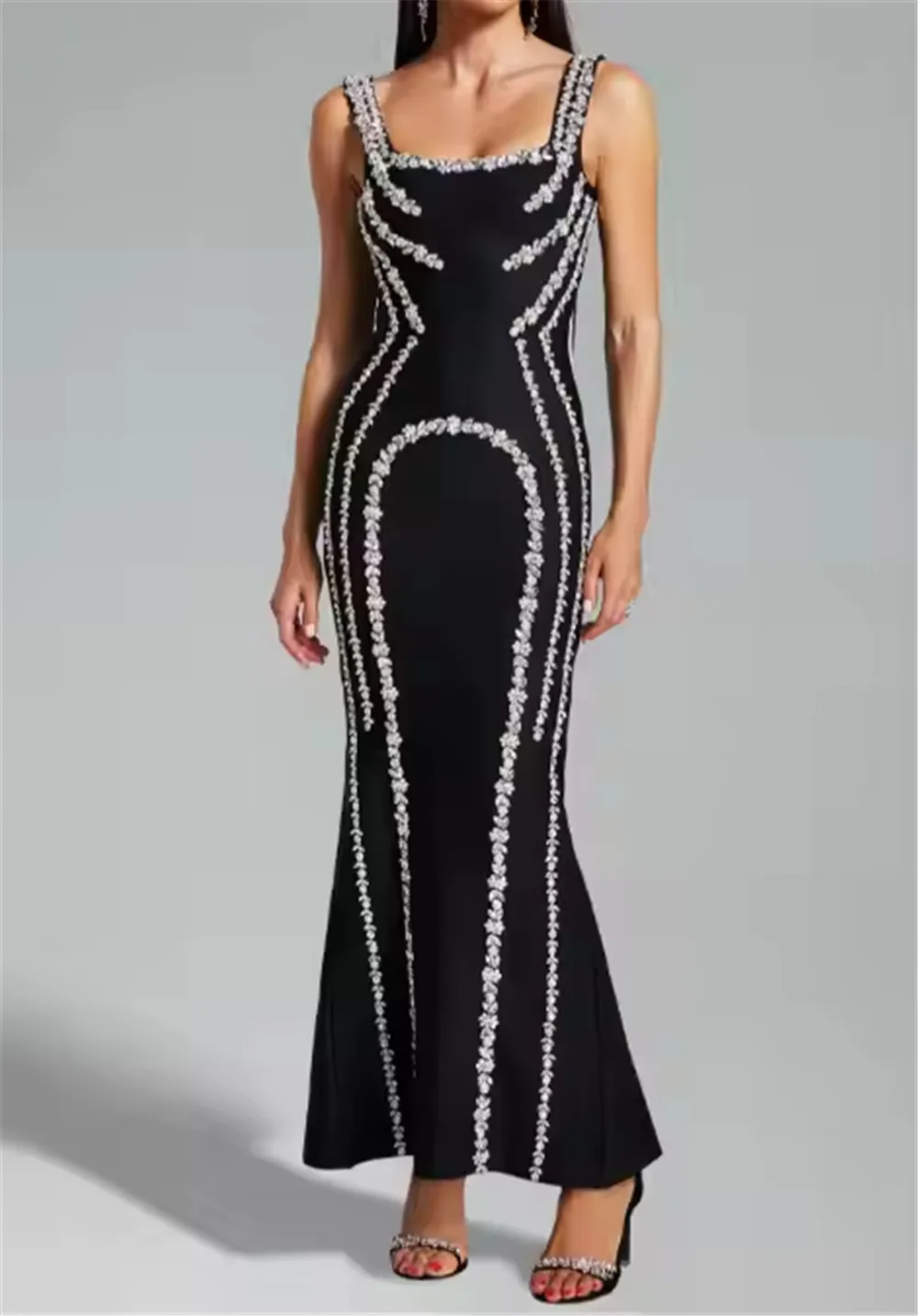 2025 매력적인 여성 이브닝 파티 드레스 럭셔리 크리스탈 슬리브리스 슬림핏 블랙 랩 이브닝 우아하고 세련된 디자인