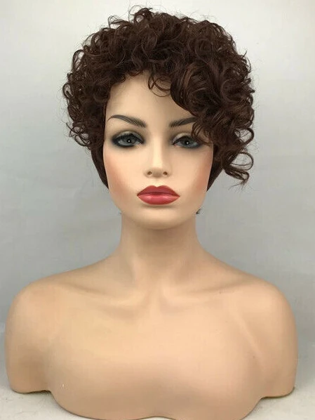 Women's New Fashion Elegant Short Natural Brown Red Mix Curly Wigs