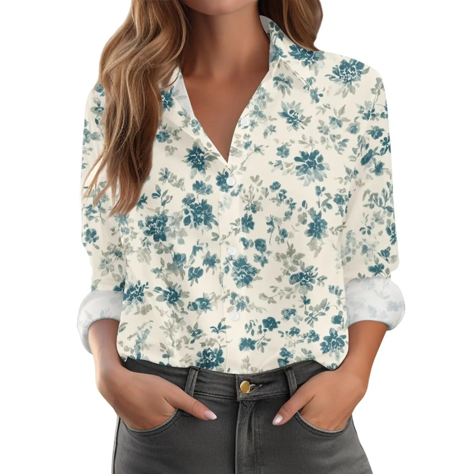 Koszule damskie w kwiatowe wzory z długim rękawem, z kołnierzykiem, codzienne, eleganckie bluzki na wiosnę i jesień, styl do pracy, koszula damska