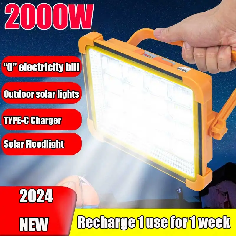 5000W New Solar Flood Light Rechargeable Solar Outdoor Portable LED Reflector Spotlight Projector Floodlight Construction Light