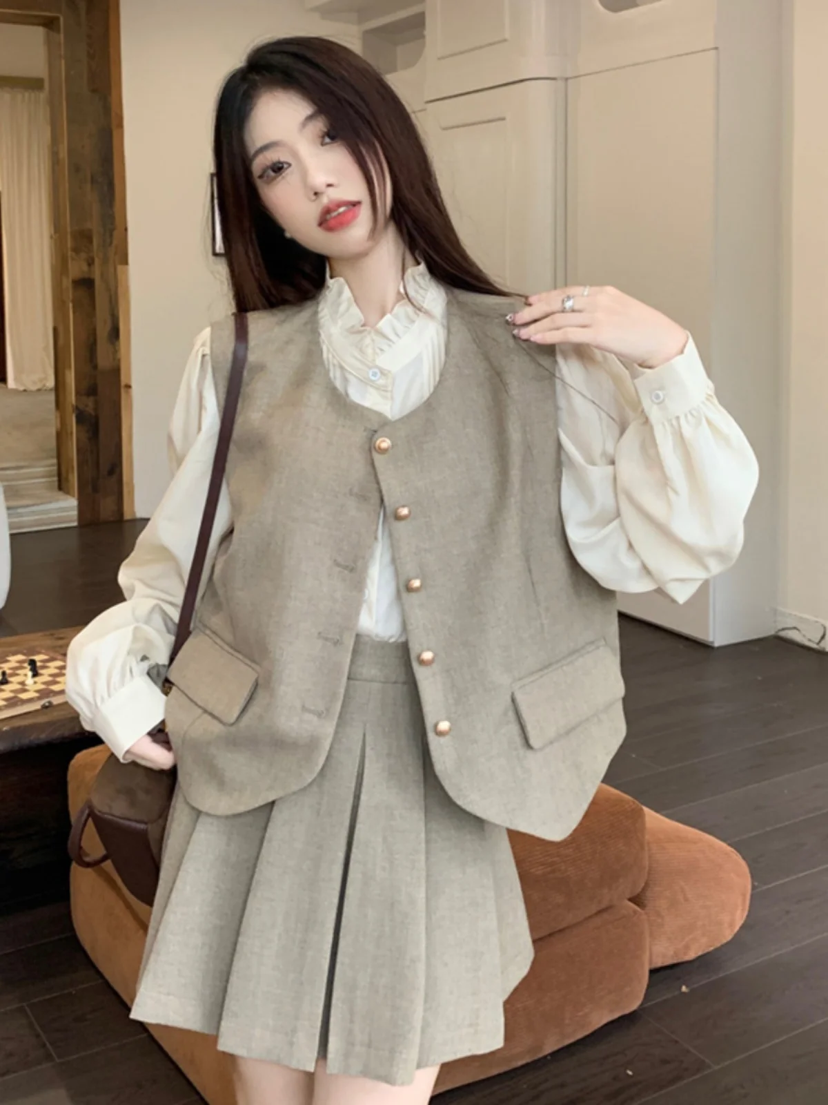 Women's Wood Grain Ruffle Shirt Vest Skirt Three-Piece Set Long Sleeve Fashion Ensemble Spring Autumn Pleated  Skirt - view 3