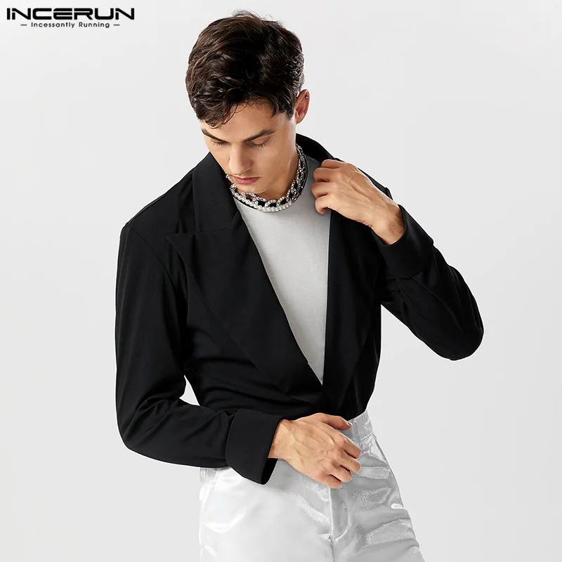 INCERUN Men Bodysuits Blazer Solid Color Lapel Long Sleeve Fashion Casual Suits Streetwear 2024 Elegant Casual Bodysuits S-5XL