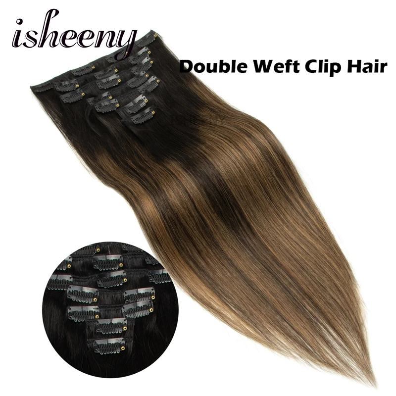 Balayage Brown Clip In Human Hair 12-24 inches 7pcs/set Seamless Double Weft Clip Hair Extensions 16 Snap Clips on Hair Pieces