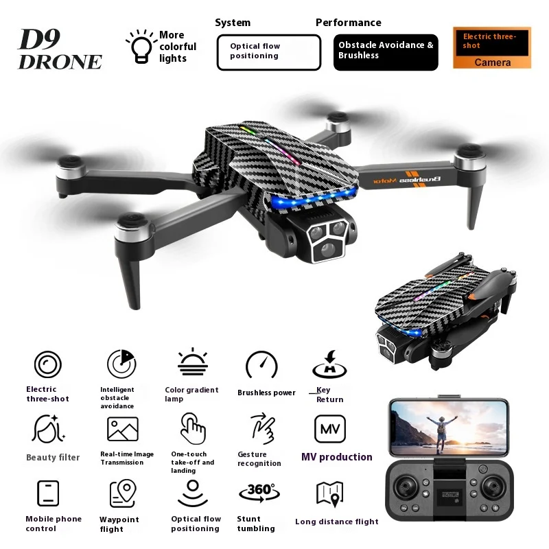 طائرة بدون طيار D9 Pro 4K احترافية RGP متدرجة للتصوير الجوي قابلة للتعديل كهربائيًا ثلاثية الكاميرا بدون فرش طائرة بدون طيار #5